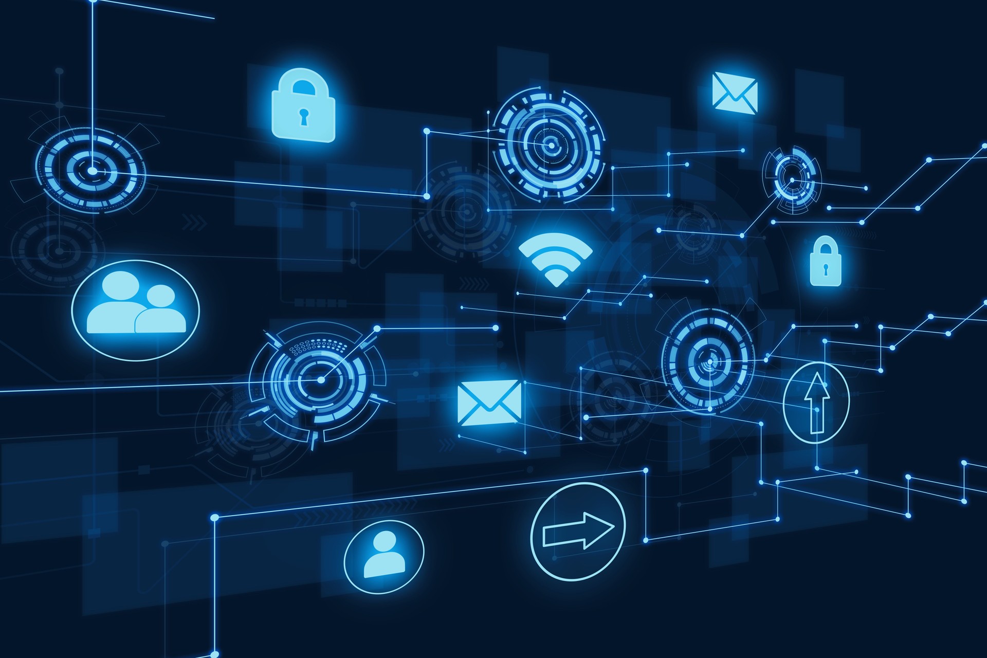 Futuristic Digital Network with Security and Communication Icons on Dark Background