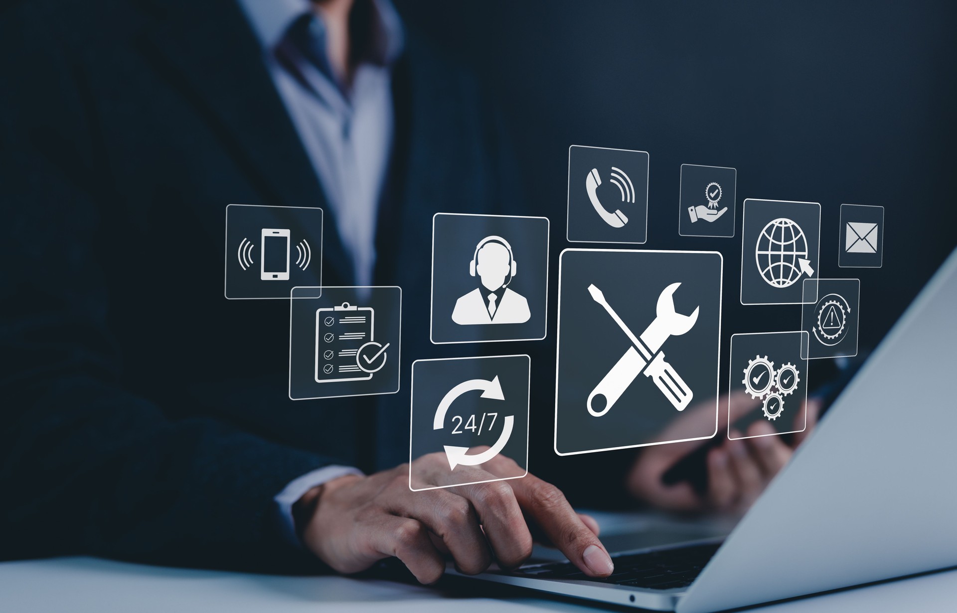 Technical support and customer service concept. Digital icon representing technical support, customer service, and 24/7 assistance. Business technology solutions for global support, service management